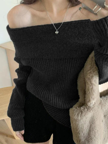 Sonicelife Solid Off Shoulder Knit Sweater