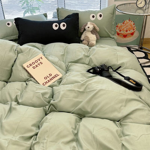 Sonicelife Ins Purple Black Big Eye Solid Color Bedding Set Girls Boys Double Size Flat Sheet Duvet Cover Pillowcase Bed Linen Home Textile