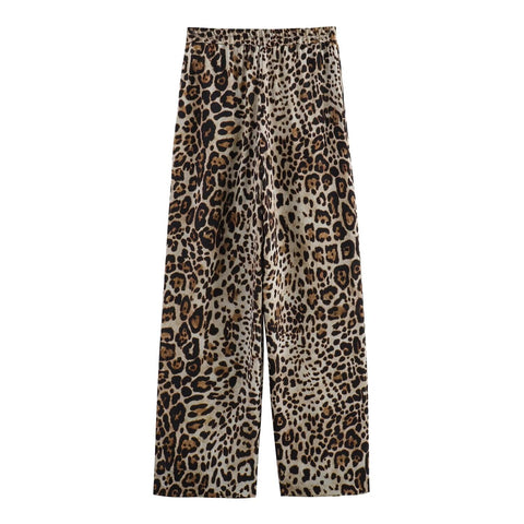 Sonicelife Women's New Satin Leopard Print Waist Tie up Shirt Fashionable and Casual Style Straight pants