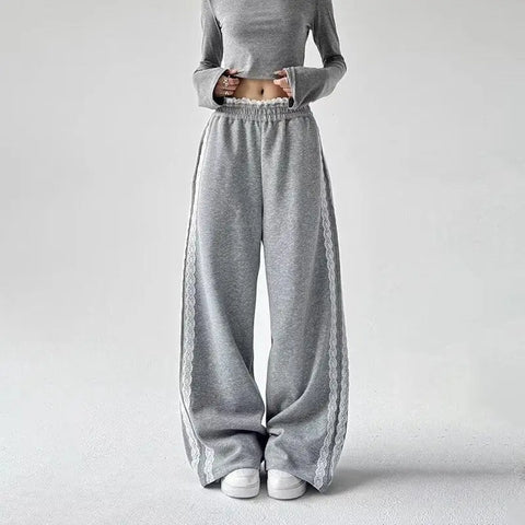 Sonicelife Lace Patchwork Sweatpants Women Y2K Streetwear High Waist Wide Leg Pants Korean Fashion Casual Elastic Waist Straight Trousers