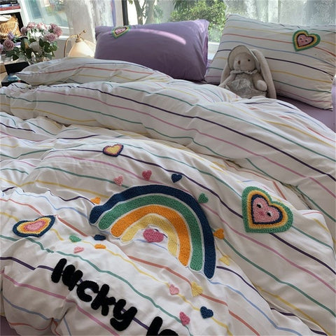 Sonicelife Korean Ins Dopamine Rainbow Embroidered Washed Cotton Bedding set Duvet Cover Home Luxury No Filling Bedding Set Bed Sheets
