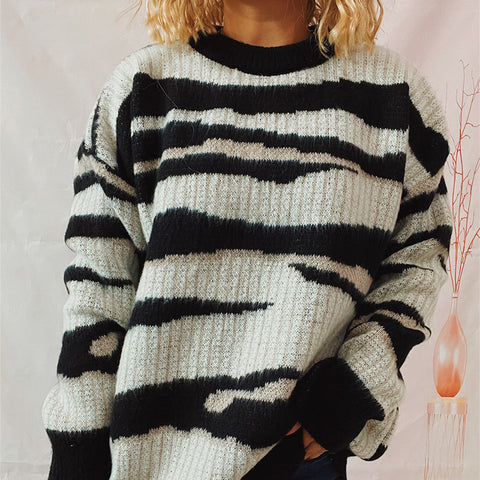 Black Friday Sonicelife Casual Loose Irregular Striped Pullover Sweater Women Autumn Retro O-Neck Thick Warm Sweaters Female Chic Daily Street Knitwear