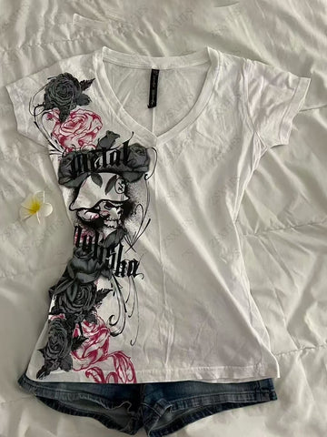 Sonicelife Aesthetic Crop Top 2000s T shirt Femme Clothes Vintage Harajuku Slim Grunge Graphic Tee Camis Kawaii Sweet Girl Punk Women Tops