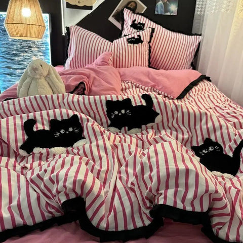 Sonicelife Pink Striped Cat Embroidery Bedding Set Korean Style Washing Cotton Cute Cardboard Duvet Cover Bed Sheet Pillowcases 3/4pcs