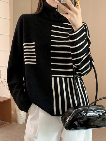 christmas outfit Sonicelife Long Sleeves Loose Contrast Color Striped High Neck Pullovers Sweater Tops