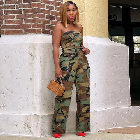 Sonicelife Street Women 2 Piece Camouflage Buttons Strapless Tops Pockets Camo Cargo Pants Sets Camo Bustiers Baggy Pants Two Piece Outfits