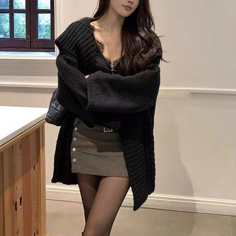 Sonicelife Lazy Wind Streetwear Cardigan Sweaters Women Retro Oversize Long Sleeve Casual Knitted Coat Harajuku Loose Fall Grey Tops