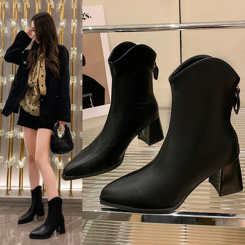 Sonicelife High heels female thick heel pointed short boots white female boots 2024 new autumn and winter female boots French fashion skinn