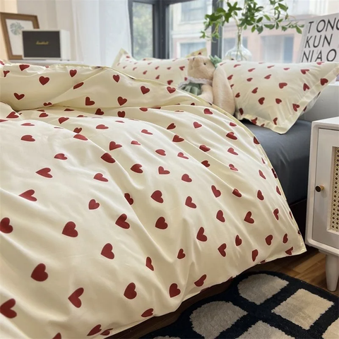 Sonicelife Korean Red Heart Bedding Set No Filler Twin Queen Duvet Cover Flat Sheet Pillowcase Girls Adults Fashion Floral Home Textile