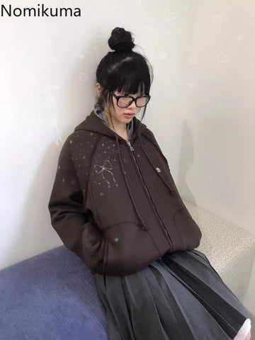 Sonicelife Streetwear Hoodies Coat 2025 Women Clothing Hooded Zipper Bow Print Sweet Jackets Y2k Tops Casual Fashion Sweatshirts Ropa Mujer
