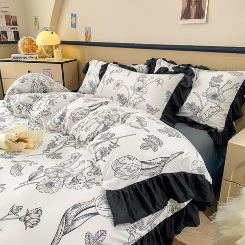 Sonicelife Ink Style A-class Skin Friendly Washed Cotton Four Piece Set With Lotus Leaf Lace Bedding, Bedsheet, Duvet Cover, Single Bed