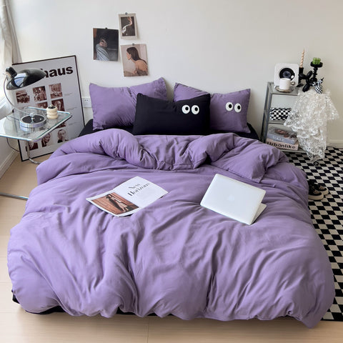 Sonicelife Ins Style Big Eyes Duvet Cover No Filling Double Mix Color Flat Sheet Pillowcases Washed Cotton Embroidery Queen Bedding Set