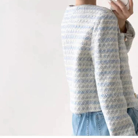 Sonicelife Blue Pearl Button Jacket For Round Neck Long Sleeve Woven Suit Women Romantic Tweed Style Loose  Sweet Coat Short Top
