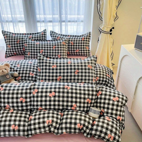 Sonicelife Ins Pink Plaid Bedding Set No Filler Twin Queen Size Comforter Cover Flat Sheet Pillowcase Girls Boys Solid Blanket Duvet Duvet