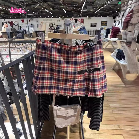 Sonicelife Orange Plaid Leather Buckle Skirt For Women High Waisted Pleated Short A-line Women's Skirts Fashion Street Style Clothes Y2k