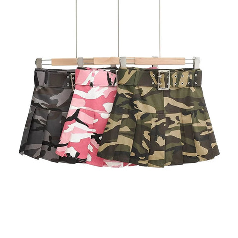 Sonicelife Summer Women Pink Camouflage Pleated Skirts Dance Girls School High Waist Belt Camo Pleated Skirts Cosplay  A Line Mini Skirts