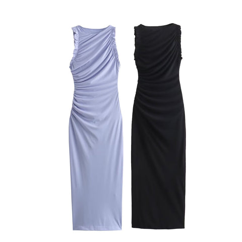 Sonicelife Women's Sleeveless Long Dress with Wooden Ear Lace Folding and Split, Monochromatic, Midlength, Mid Length, New