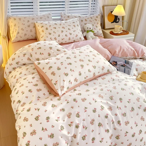 Sonicelife Korean Bedding Set Flowers PinK Blue Girls Boys Full Queen Size Duvet Cover Flat Sheet Pillowcase No Filler Home Bed Linens