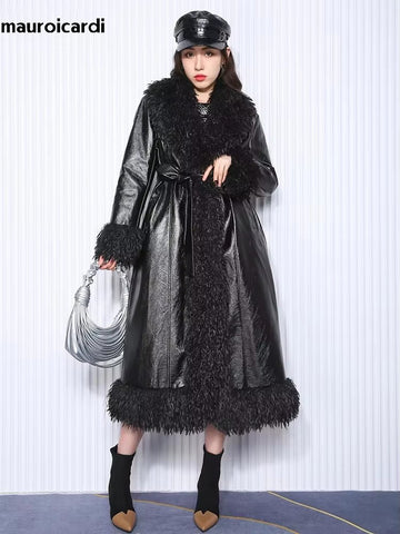 christmas outfit Sonicelife Winter Oversized Long Black Quilted Thickened Warm Pu Leather Coat Women with Faux Fur Trim Luxury Designer Clothes