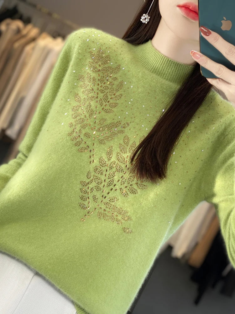 christmas outfit Sonicelife Women Autumn Winter Pure Wool Thickening Sweater Half-high Collar Leaf Studded with Diamonds Pullover Female Knitted Basis Top