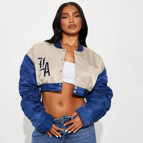 Sonicelife Y2K Women Letter Embroidery Crop Baseball Jackets Pleated Sleeves Outcoats Varsity Single Breasted Button Bomber Jacket Uniform