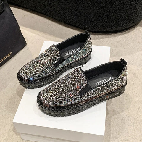 Sonicelife Shoes Woman Flats Slip-on Casual Female Sneakers Modis Crystal Loafers With Fur Round Toe Shallow Mouth Dress Slip On Retro Big