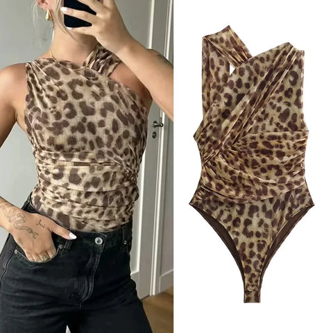 Sonicelife 2024 Woman Body Leopard Print Mesh Sleeveless Bodysuit Women Summer Tulle Off Shoulder Tight Bodysuit Lingerie Sexy Body