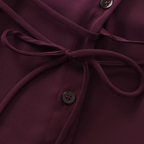 Sonicelife Women's Wine Red Shirt with Bow Tie Long-sleeved Top Slim Temperament Shirt Commuter Top Single Breasted Design New