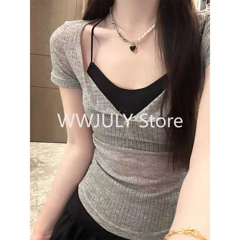 Sonicelife Summer Basic Short Sleeve T Shirts Women Casual See Through Sexy V Neck Cropped Tees Coquette Solid Color Slim Tops Chic