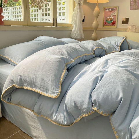 Sonicelife Ins Style Blue Color Bedding Sheet Nordic Solid Duvet Cover Set Hot Sale Home Luxury Bedding Set Bed Sheet Comfortable Bedspread