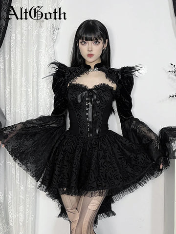 Sonicelife Palace Style Gothic Smock Women Vintage Streetwear Y2k Feather Lace Patchwork Flare Sleeve Crop Tee Tops Cosplay Clothes