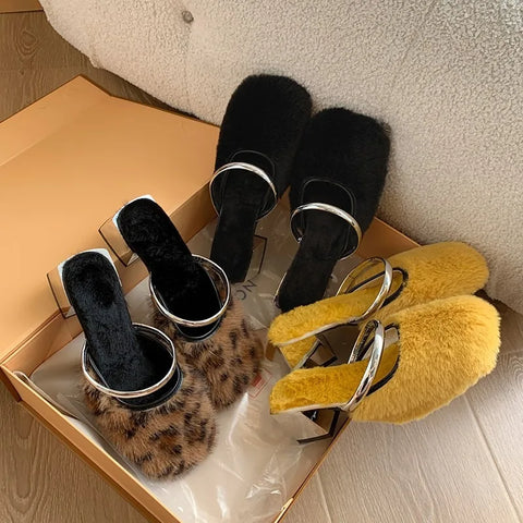 Sonicelife Comfortable Soft Fur Mules Slippers Women Autumn Winter Square Heels Warm Plush Slippers Woman High Heel Faux Fur Slides