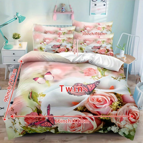 Sonicelife 3pcs Duvet Cover Set, Rose Flower Butterfly Printed Bedding Set, Soft Comfortable Breathable Duvet Cover With Pillowcase