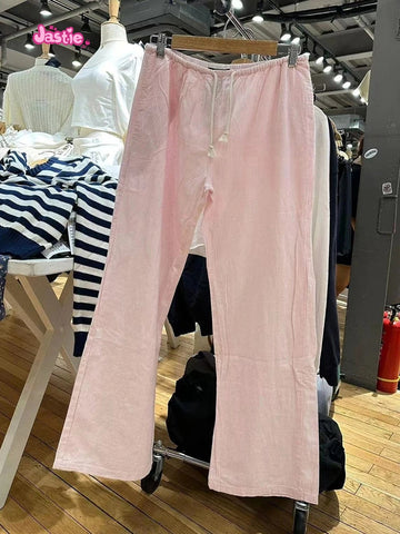 Sonicelife Sweet Pink Striped Drawstring Wide Leg Pants Women Casual High Waist Simple Streetwear Cotton Bottoms Vintage Y2K Loose Trousers