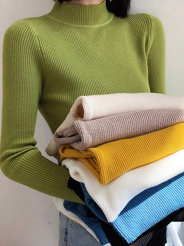 Sonicelife Mock Neck Women Sweater Vintage Basic Solid Knitted Tops Casual Slim Pullover Autumn Winter Korean Tops Simple Chic Jumpers
