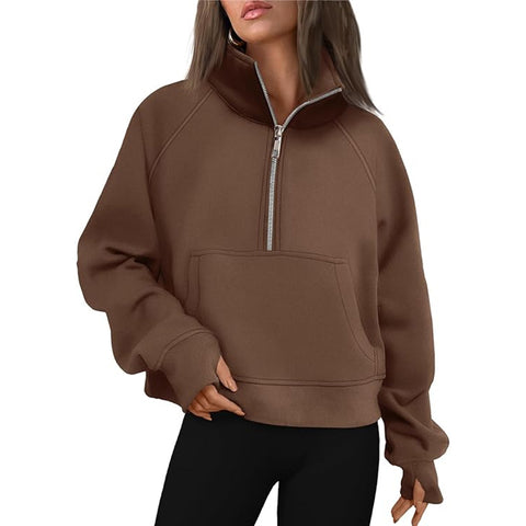 Black Friday Sonicelife Casual Half Zipper Plush Hoodies Women Loose Solid Lapel Pockets Sweat Shirt Female Autumn Chic Warm Sports Yoga Outwear