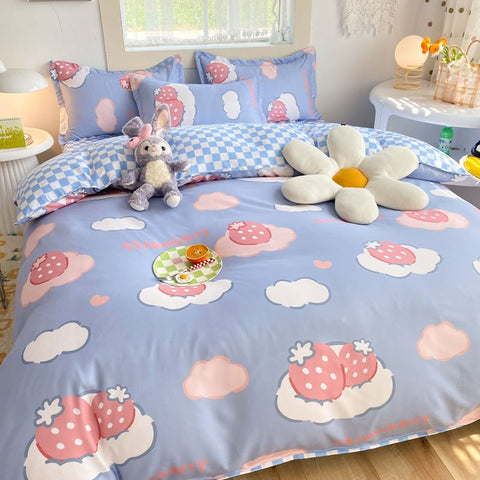 Sonicelife Cute Bear Bedding Set Girls Boys Kids Single Double Size Flat Sheet Duvet Cover Pillowcase Bed Linens White Blue Home Textile