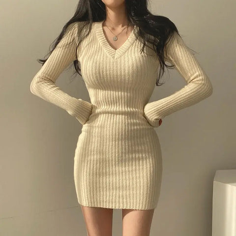 Sonicelife Women V-Neck Sexy Knit Bodycon Dress Long Sleeve Slim Dress Solid Casual Midi Sweater Dress For Women  Autumn Winter