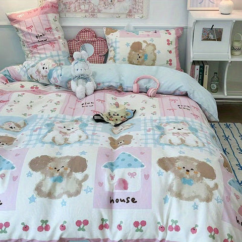 Sonicelife Spring Bedding Set Fashion Cartoon Kids Single Double Queen Size Flat Sheet Duvet Cover Pillowcase Bed Linens Home Textile