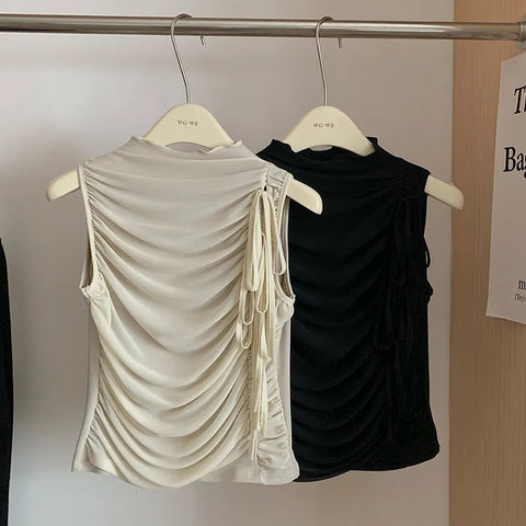 Sonicelife Streetwear Folds Tank Tops Women Lace Up Sleeveless T Shirts Korean Fashion Chic Summer Mesh Slim Tops Casual Tanks Y2K New