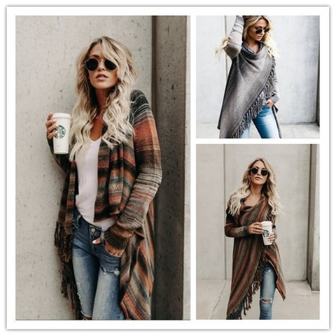 christmas outfit Sonicelife Women Long Sleeve Loose Scarf Collar Striped Tassels Sweater Cardigan England Style Shawl Coat Fashion Streetwear Poncho Sweater