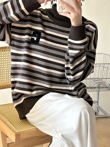 christmas outfit Sonicelife Long Sleeves Loose Contrast Color Split-Joint Striped High Neck Pullovers Sweater Tops