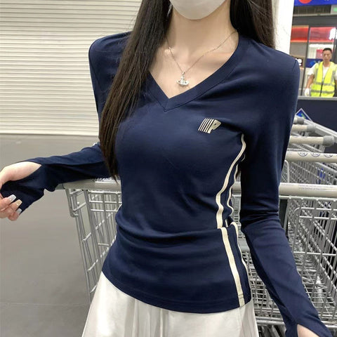 Sonicelife Vintage V Neck Warm Long Sleeve T Shirt Women New Slim All Match Tops Autumn Winter Korean Chic Casual Female T Shirt