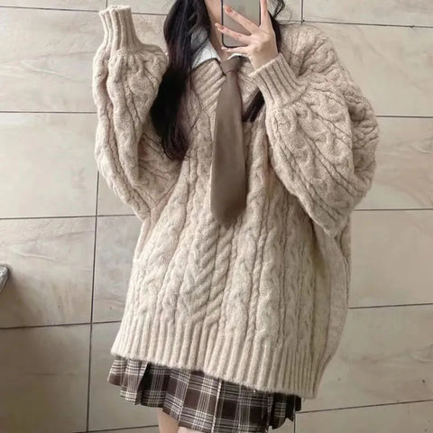 Sonicelife Autumn Winter Women Sweater Harajuku Oversized Knitted Pullovers Korean Long Sleeve V Neck Knitwear Preppy Solid Loose Jumper