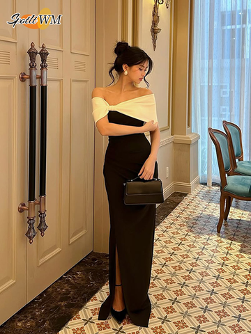 Sonicelife Elegant Pleated Patchwork Off-the-shoulder Maxi Dress Chic Sleeveless Slim Fit Open Fork Gown New Female Party Club Dresses 2025