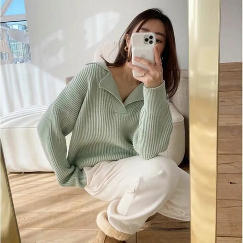 christmas outfit Sonicelife South Korea’s new female sweater autumn half-open V-lapel pullover Korean version of long-sleeved wearing loose sweater