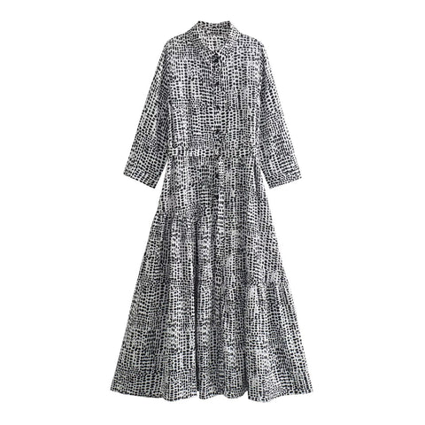 Sonicelife Women's Printed Shirt Style Long Dress, Fashionable and Casual, Versatile, 7, 4 Sleeves, Elegant, New