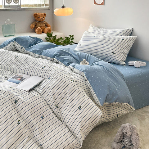 Sonicelife Cotton Bedding Set Floral Rabbit Ins No Filler Duvet Cover Flat Sheet Pillowcase Full King Size Soft BedSpread Home Textile