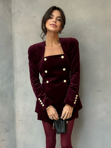 christmas outfit Sonicelife 2025 New Burgundy Women's Elegant Velvet Mini Skirt Set Chic Square Neck Metal Buttons Slim Tops Suit Lady Fashion Formal Outfit