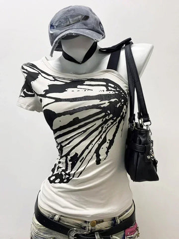 Sonicelife Summer Sexy One Shoulder Design Y2k Vintage T-Shirts Women Streetwear 2000s Casual Print Tees 2025 Korean Fashion Punk Crop Tops